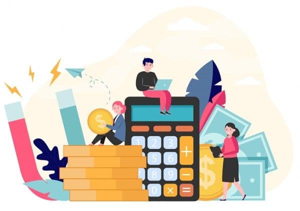 Ilustración de trabajadores entremedio de monedas, billetes y calculadora.