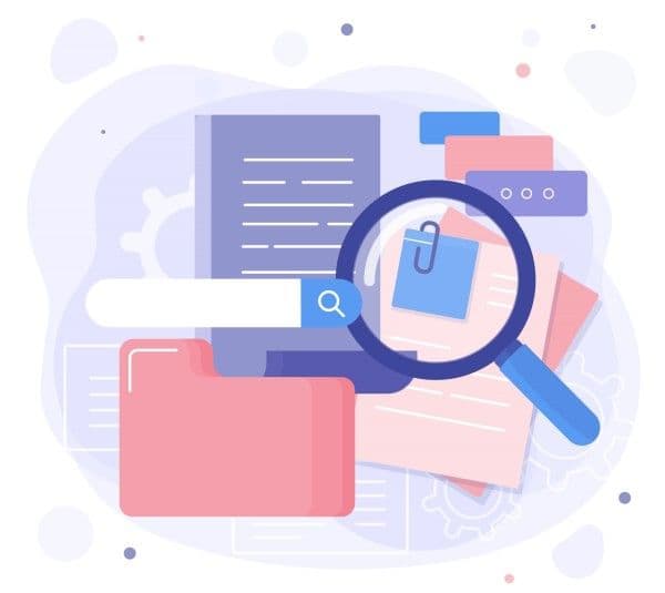 Ilustración de una lupa fiscalizando documentos.
