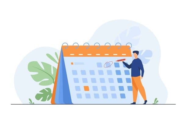 Ilustración de hombre marcando días en un calendario gigante.