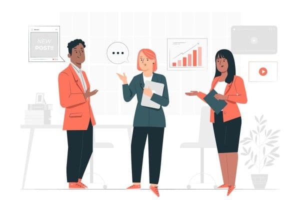 Ilustración de equipo de trabajo conversando.