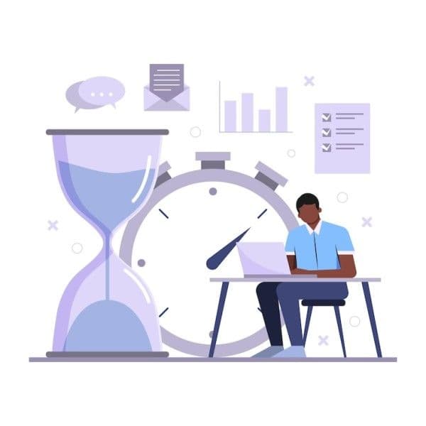 Ilustración de hombre en su tiempo de trabajo mientras hay relojes a su alrededor.