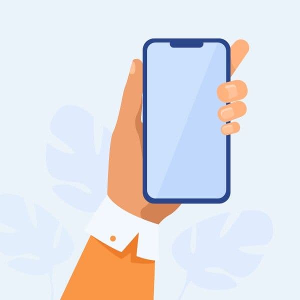 Ilustración de persona sosteniendo un teléfono inteligente.