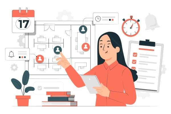 Ilustración de empresaria realizando gestión a través del monitoreo de su empresa.