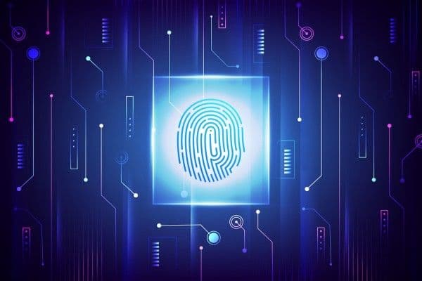 Ilustración de neón de huella dactilar impresa en un sistema electrónico de asistencia.
