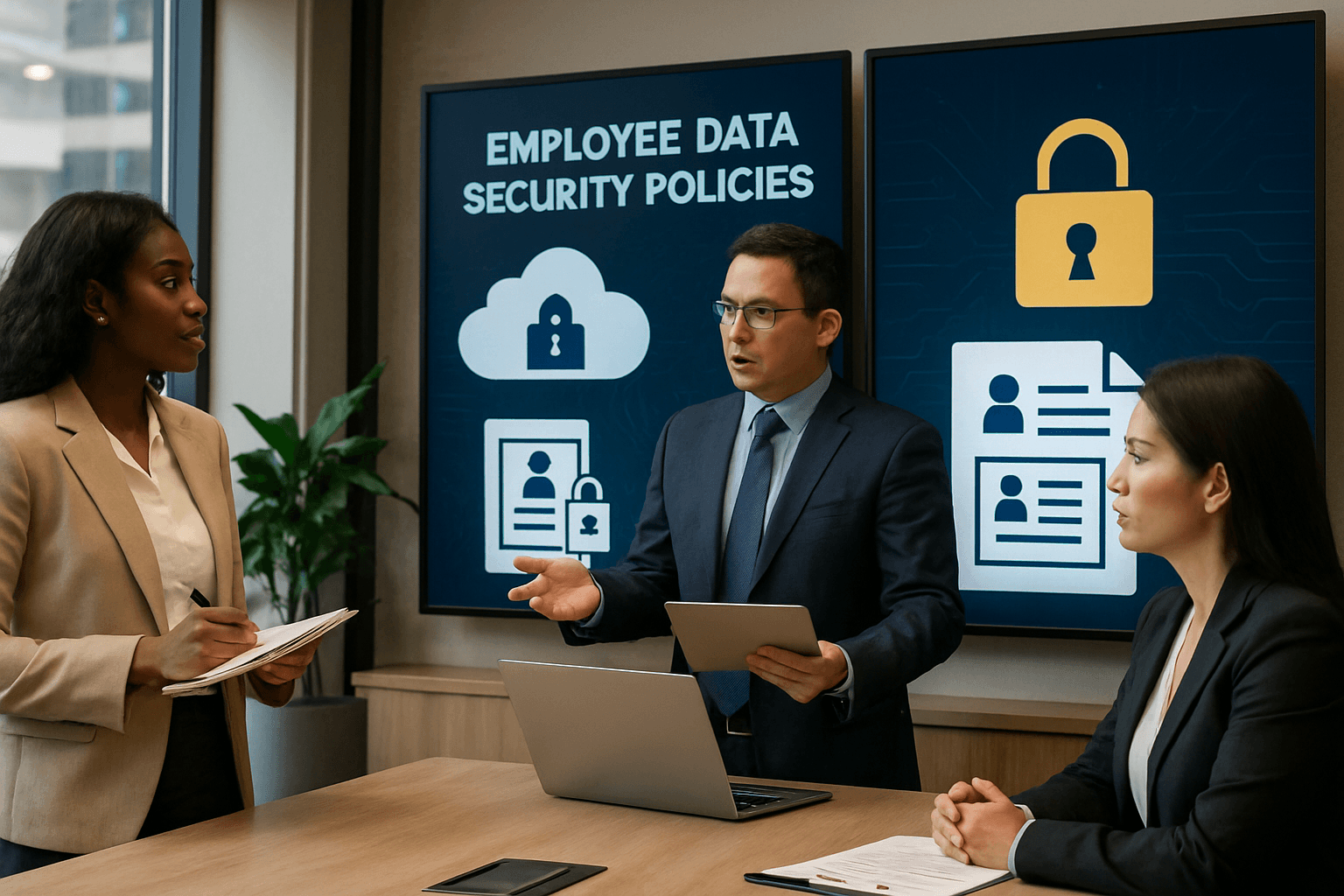 Profesionales en una oficina moderna en Colombia revisan la seguridad de los datos laborales, simbolizando el cumplimiento de la Ley Hábeas Data con un ambiente de confianza y tecnología.