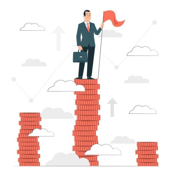 Ilustración de empresario sobre una ruma de dinero.
