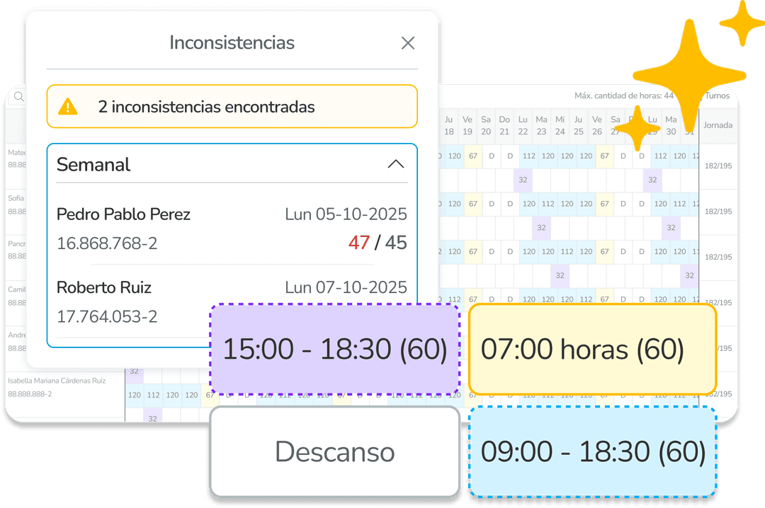 Planificador inteligente: vista de inconsistencias y calendario de turnos