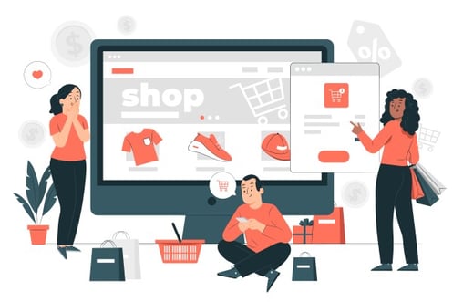 Ilustración de personas realizando compras a través de internet.