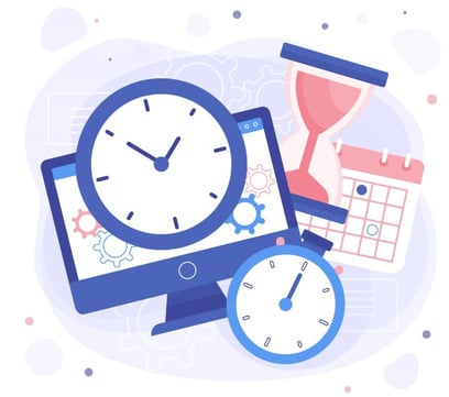 Ilustración de laptop y relojes, simbolizan conteo de horas extras.