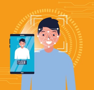 Ilustración de hombre escaneando su cara con tecnología biométrica.