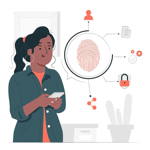 Ilustración donde aparece mujer joven portando un celular, y a su lado una gráfica de huella dactilar.