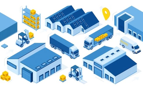 Ilustración de transporte de productos y bodegas de almacenamiento.