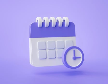 Calendario y reloj púrpura que simbolizan puntualidad.