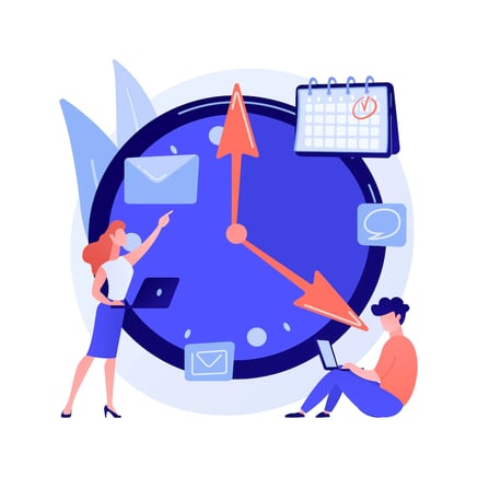 Ilustración que muestra a dos personas trabajando y de fondo un reloj que simboliza el tiempo de trabajo.