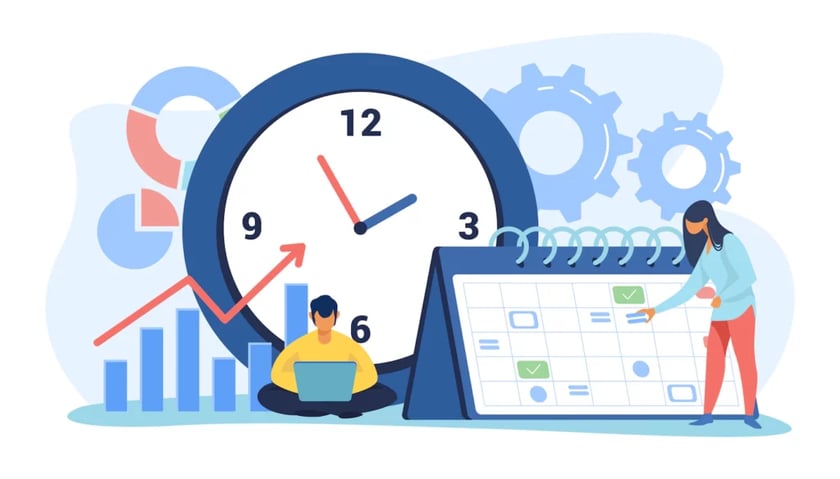 Ilustración que muestra a hombre a la izquierda y mujer a la derecha, ambos trabajando. Hay un reloj y un calendario, simbolizando el tiempo de trabajo.