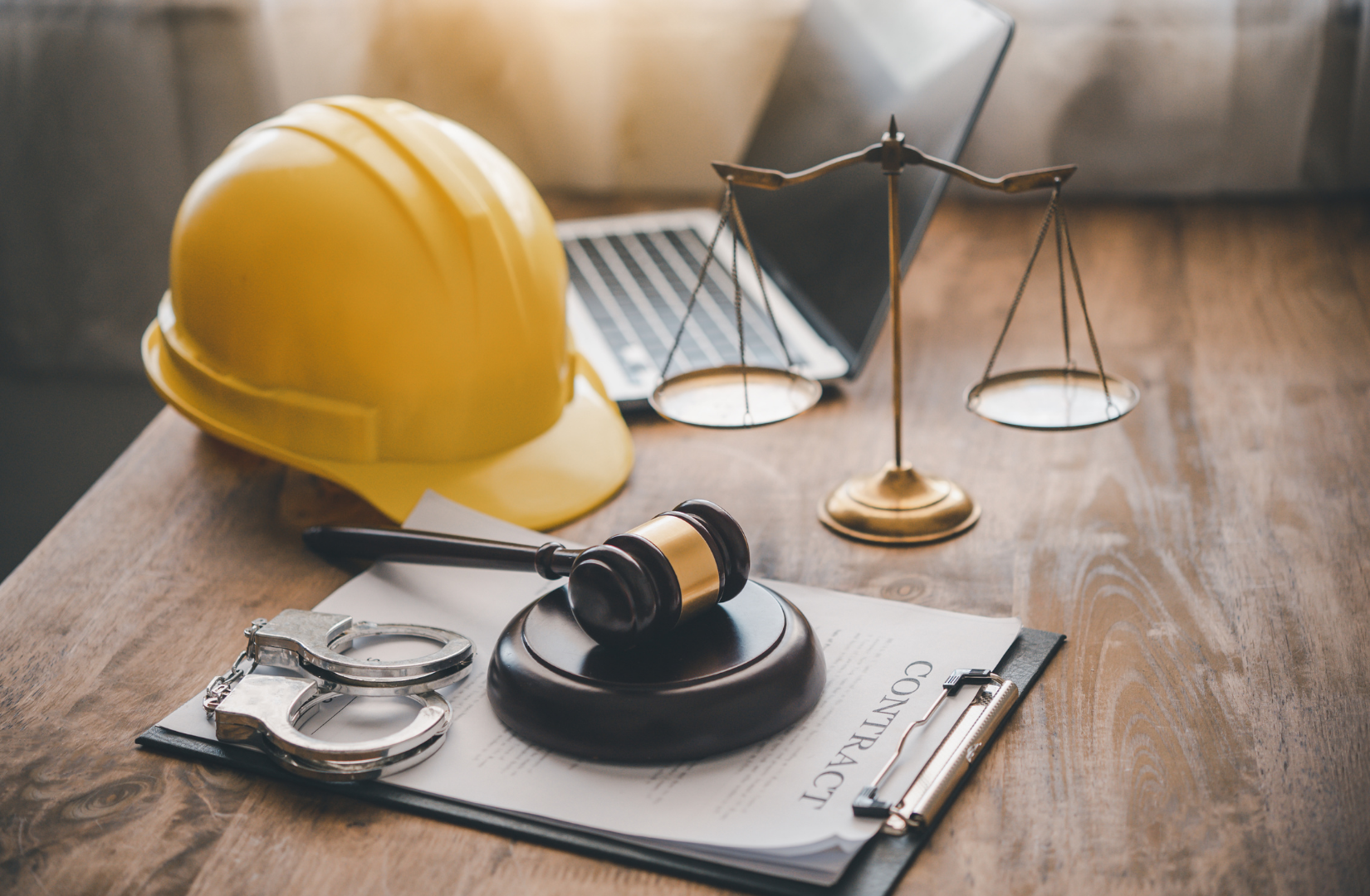 Imagen que representa la normativa laboral en Colombia: casco de seguridad, balanza de la justicia, esposas y un mazo judicial sobre un contrato, simbolizando cumplimiento legal en el ámbito laboral.