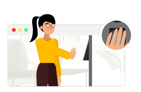 ilustración mujer marcando asistencia con reconocimiento de palma y zoom a su palma 