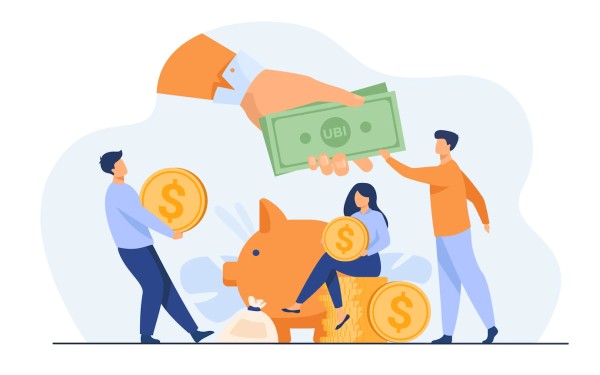 Ilustración de personas recibiendo dinero de beneficios laborales.