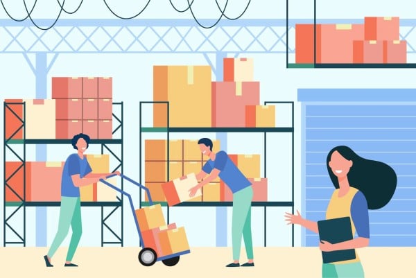 Ilustración de trabajadores en una bodega cargando cajas de productos.