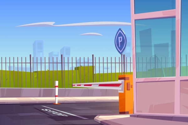 Entrada de seguridad de estacionamiento con barrera automática para el control de autos.