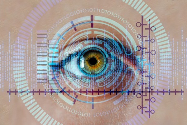 Sistema de biometría escaneando el iris de los ojos.
