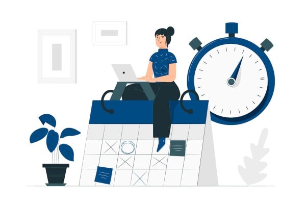 ilustración de mujer trabajando en su laptop mientras hay un calendario y un reloj grandes que simbolizan el control de asistencia.