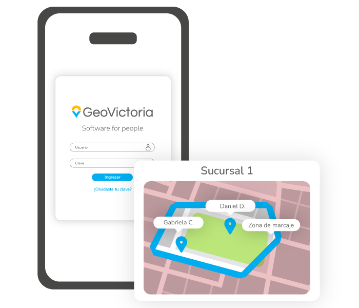 Imagen de celular con App GeoVictoria e imagen de mapa