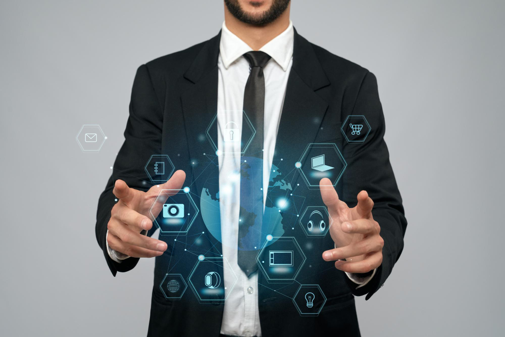 Representación visual de la innovación en la era digital con un joven usando interfaz de aplciaciones