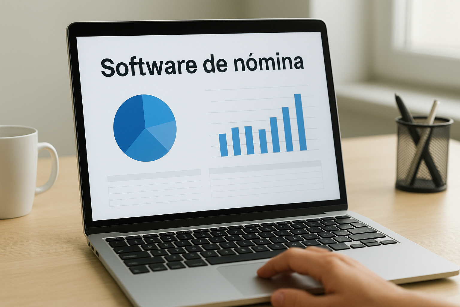 Computador portátil con software de nómina mostrando reportes y gráficos, ilustrando tendencias digitales en Colombia 2025.